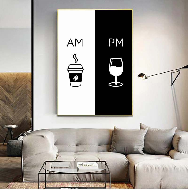 أبيض وأسود الحد الأدنى ملصق وطباعة لغرفة الطعام ، جدار الفن ، قماش اللوحة ، القهوة ، النبيذ ، البساطة ، صورة ، المطبخ الديكور #1