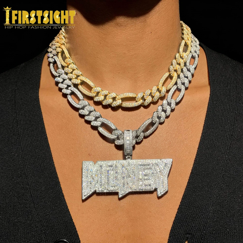 

New Luxury Money Pendant Necklace Iced Out Bling Letters CZ Zircon Charm 12MM Cuban Chain Men's Women Hip Hop Jewelry