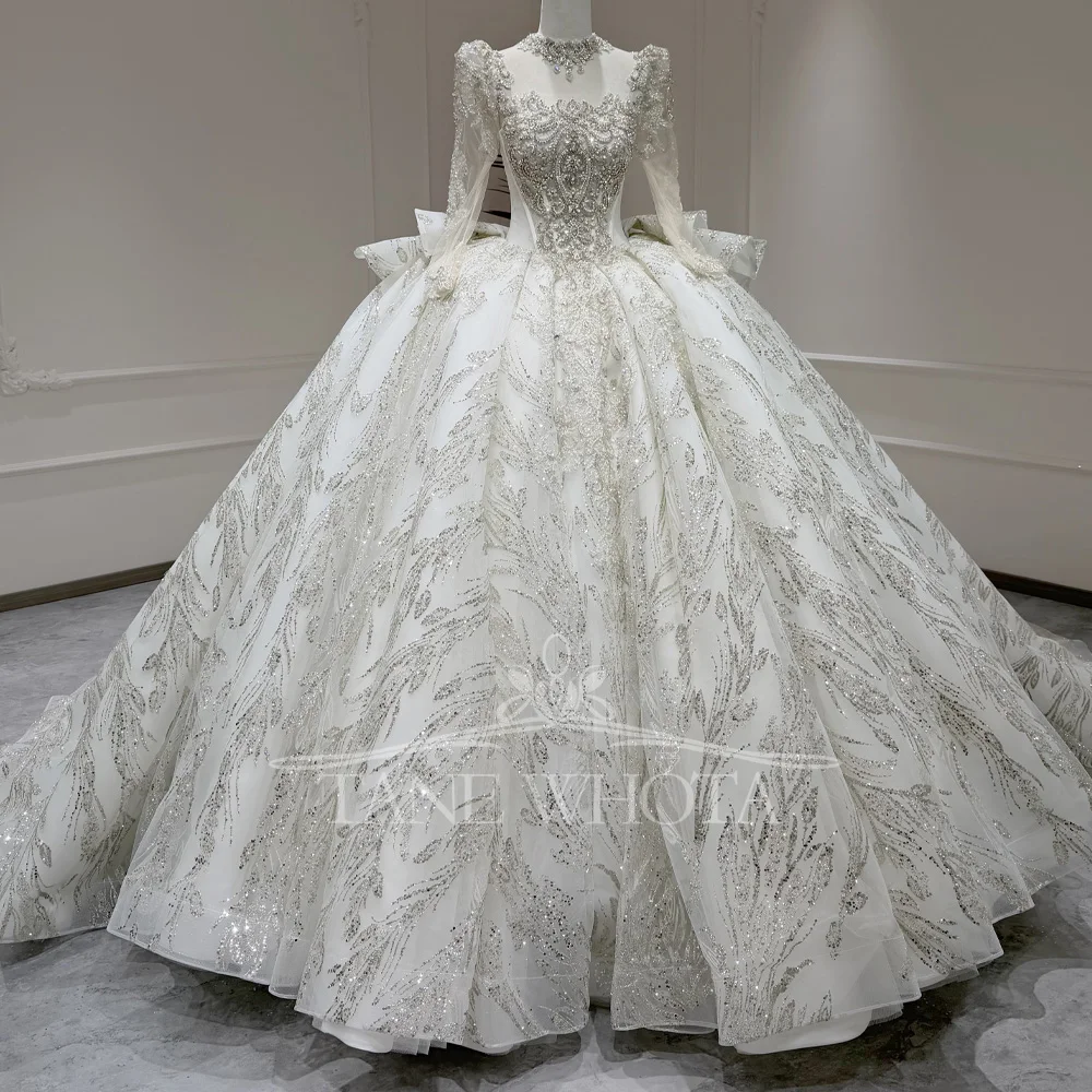 

Customizable Sequined Crystal High Wedding Dress Long Sleeve Lace-Up Keyhole Back Bridal Dress