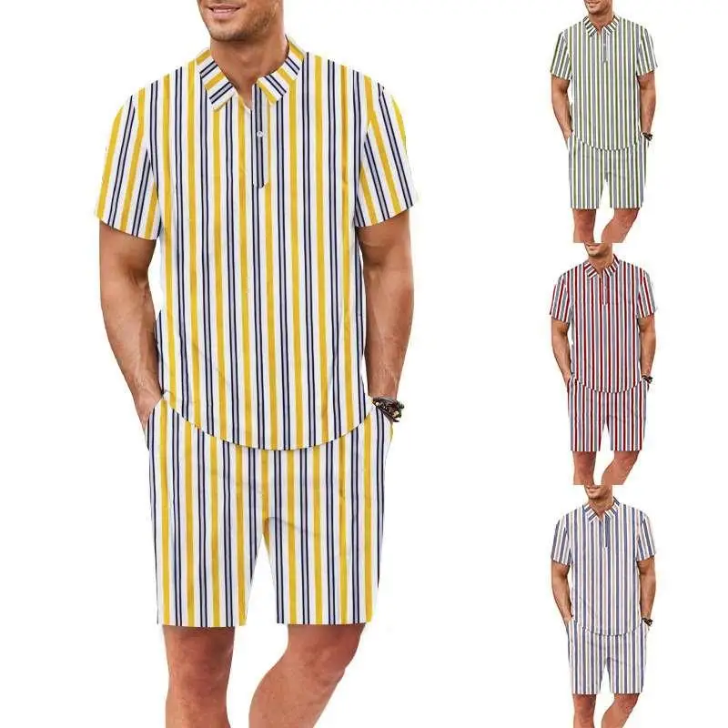 

Hawaiian Beach Faion Men's Summer ort Sve Striped Color Blo Two-Piece Set Casual Sportswear ort Pants irt