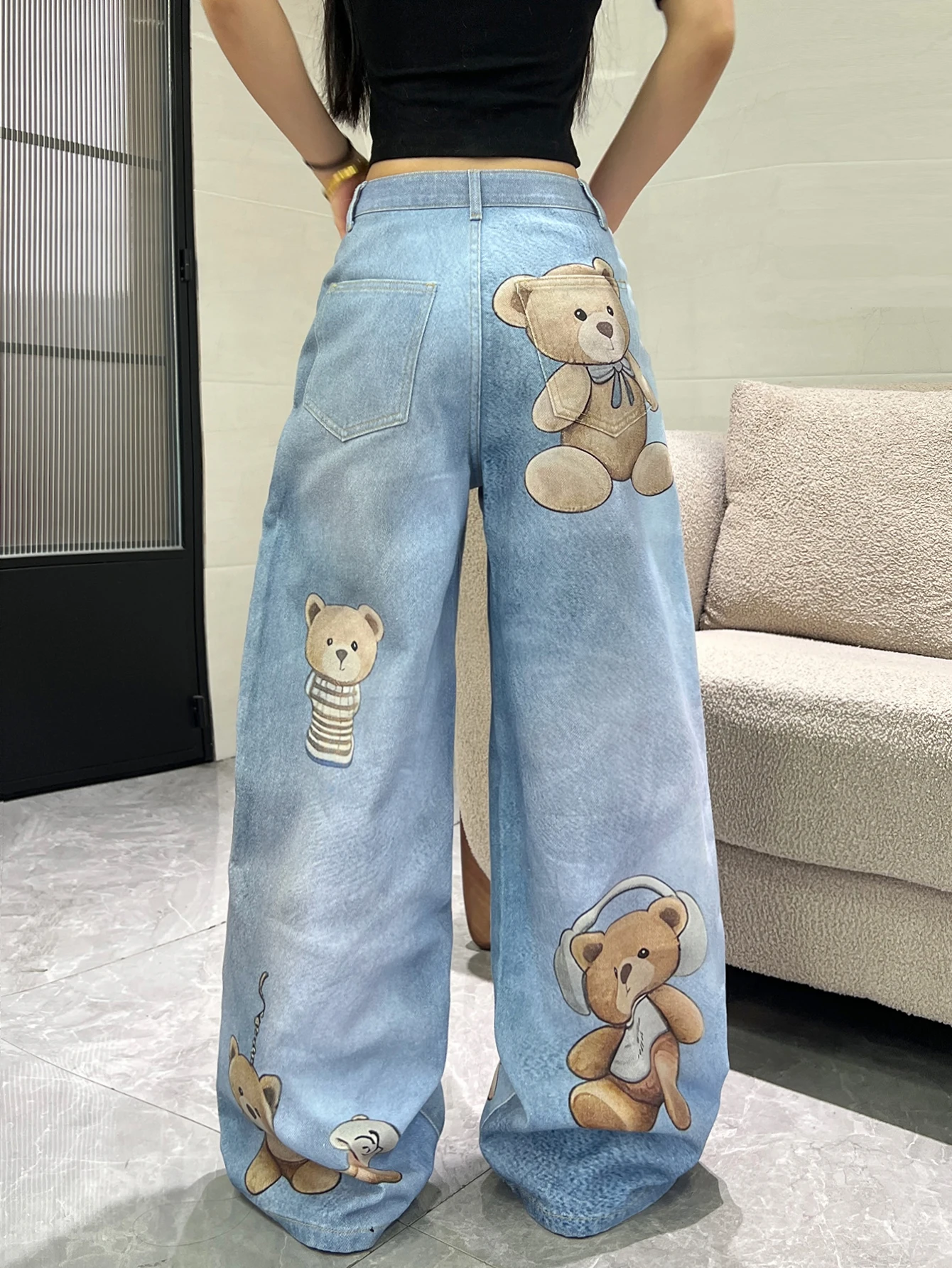 European And American High Street Soft And Cute Style Wide Leg Jeans With Multiple Styles, Cartoon Teddy Bear Print Blue Pants
