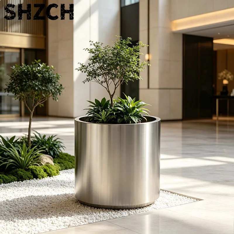 Zylindrischer Gebürsteter Edelstahl-Blumentopf für Hotel-Lobby, Terrasse und Dachgarten