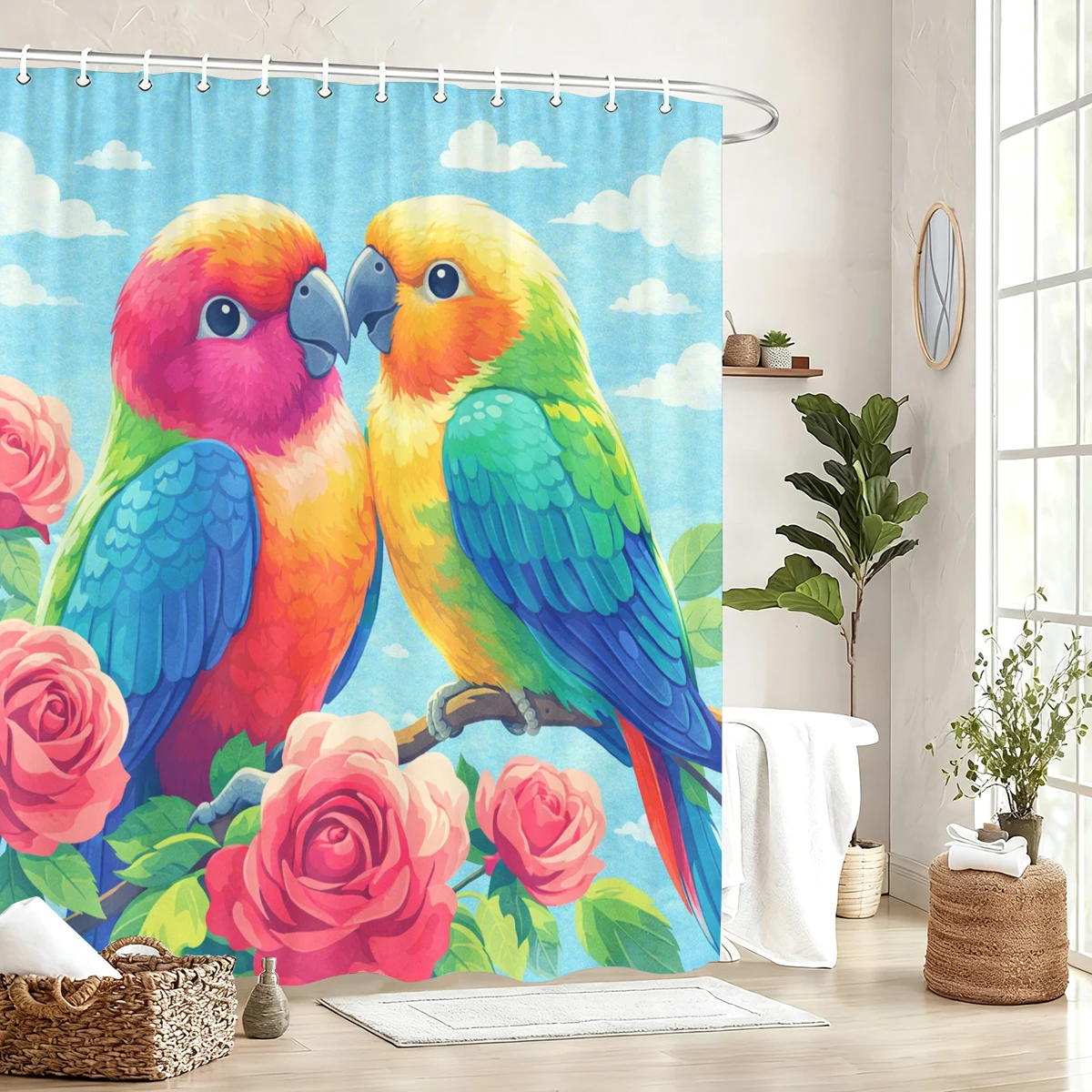 

Яркая полиэстеровая занавеска для душа с тропическим птичьим и ботаническим узором — стильный декор для ванной комнаты, создающий живую атмосферу