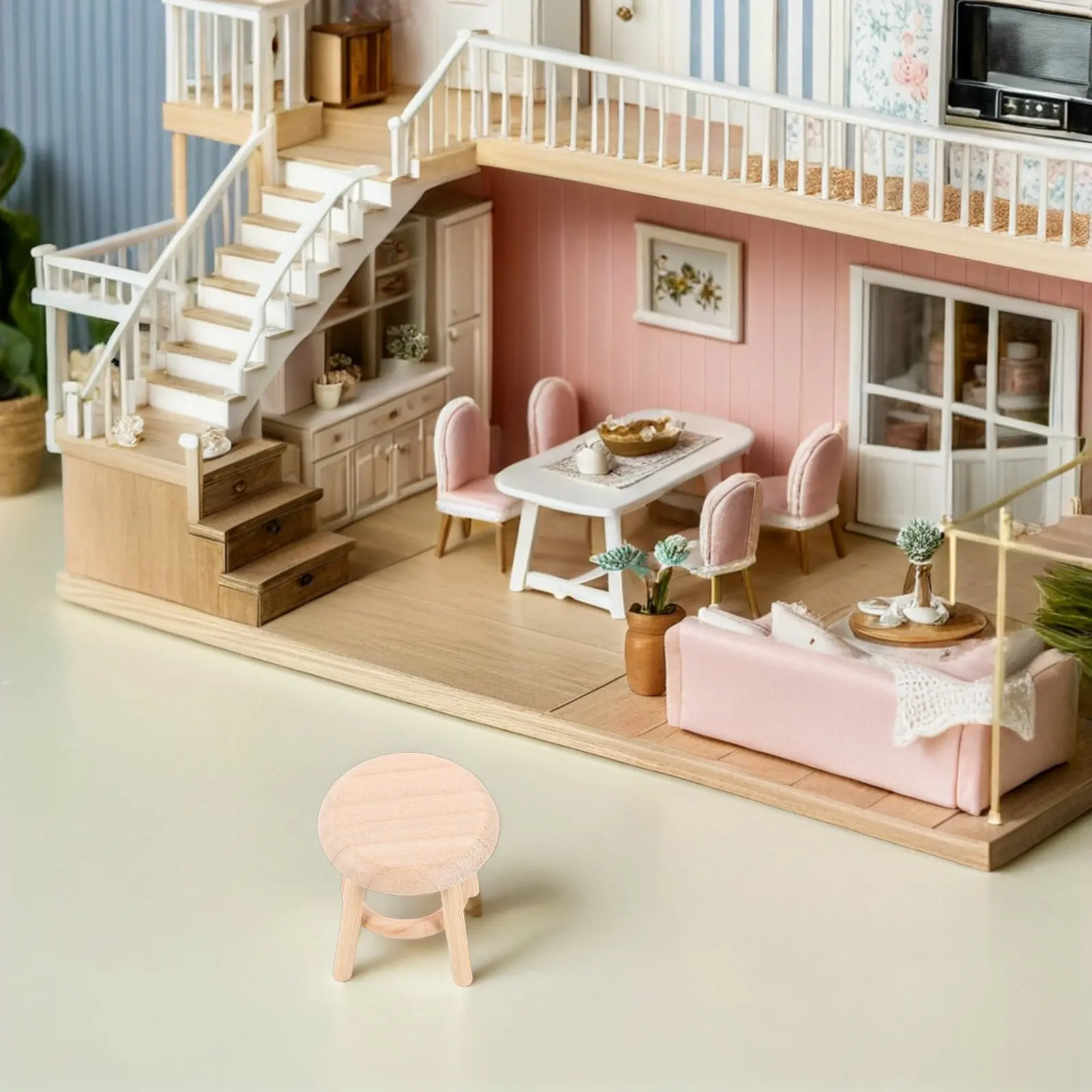 

2Pcs Mini Wooden Stool Chair Natural Grain Lightweight 1 12 Scale Round Bar and Kitchen Stool Miniature Scene Furniture