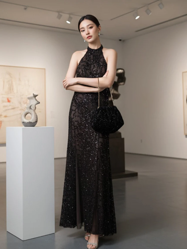 

A-line Dress Women's Stylish Sequined Halter Neck Sleeveless Breathable Comfortable 2026 Ladies New Wedding Guest Date Night