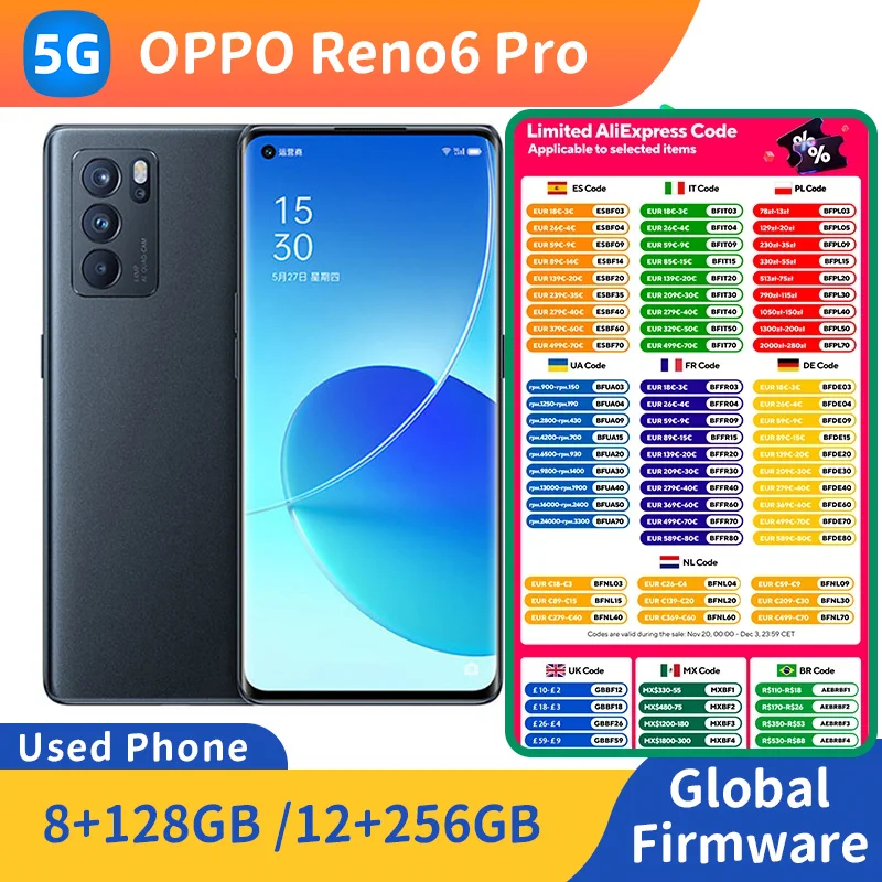 هاتف oppo Reno 6 pro 5G يعمل بنظام أندرويد ROM 128GB/256GB CPU MediaTek Dimensity 1200 كاميرا 64MP 4500 بطارية هاتف مستعمل