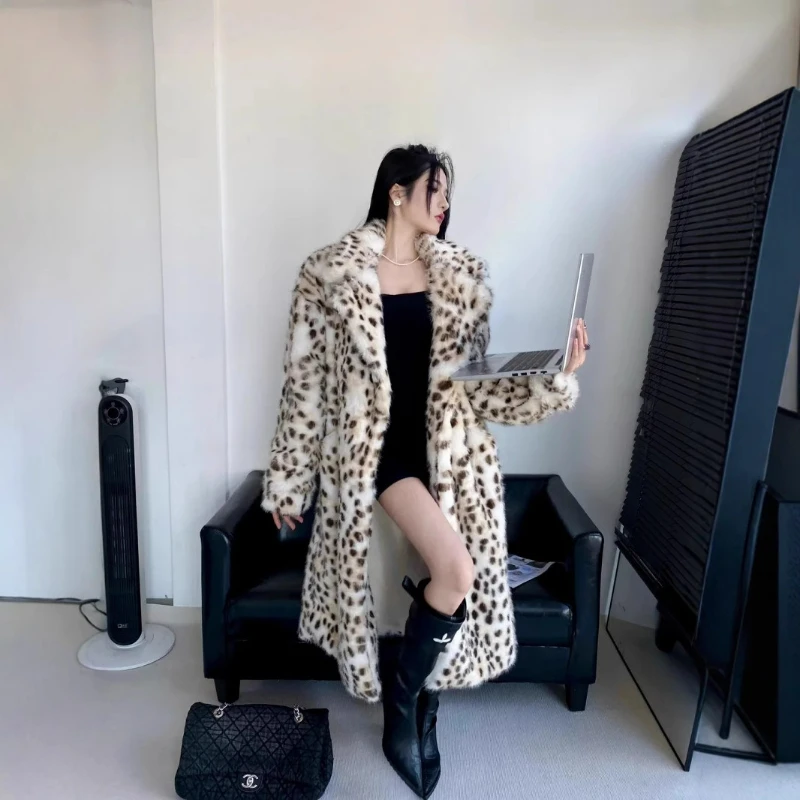

Winter Women Leopard Print Long Coats Faux Fur Coat Loose Turn Down Collar Coat Thick Warm Full Sleeve Furry Jackets