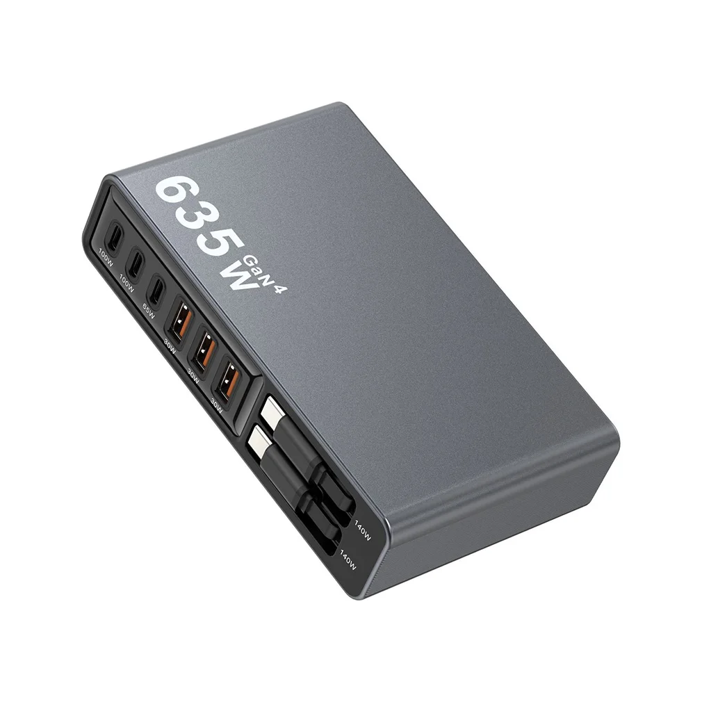 New 8 Ports 635W GaN Charging Station with 140W Retractable USB C Cable Fast Charger for iPhone Samsung Tablet Dropshipping