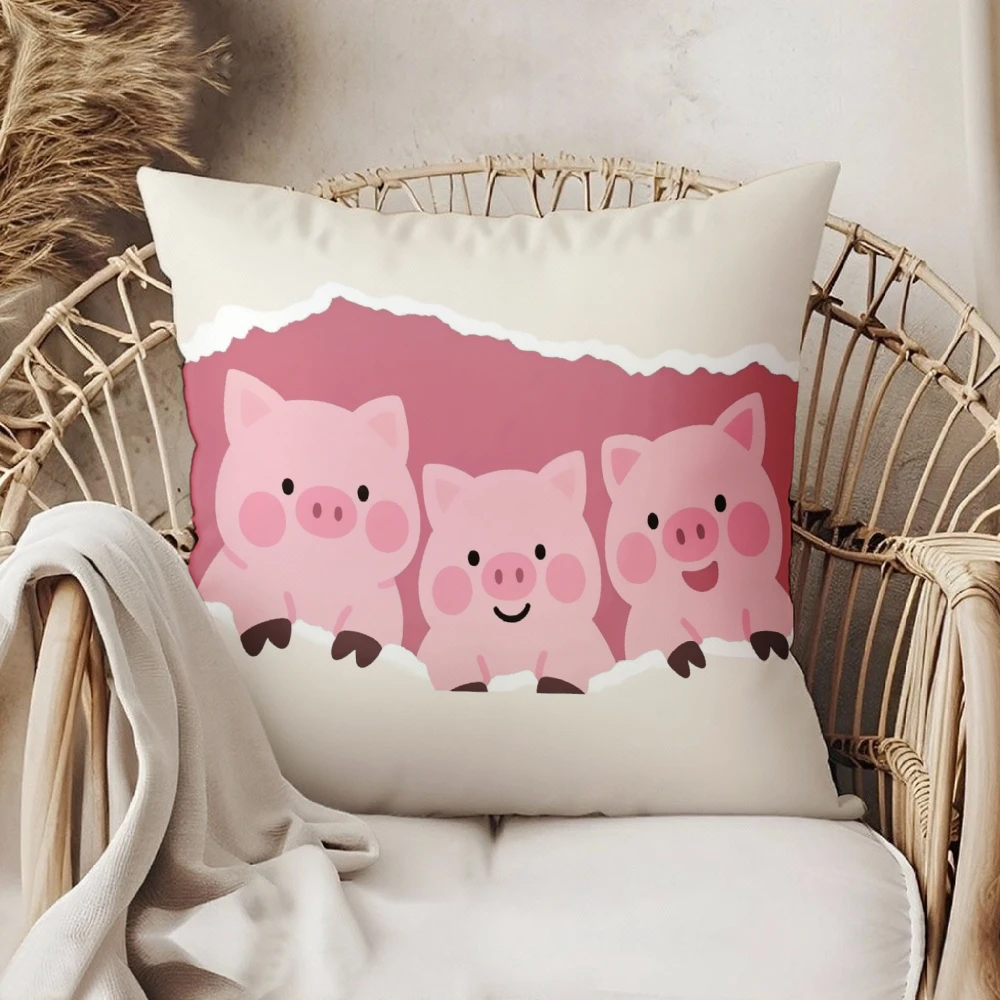 Square Throw Pillow Case Cream White With Three Cute Pink Pigs Cartoon Print For Living Room Sofa Bedroom Home Decor
