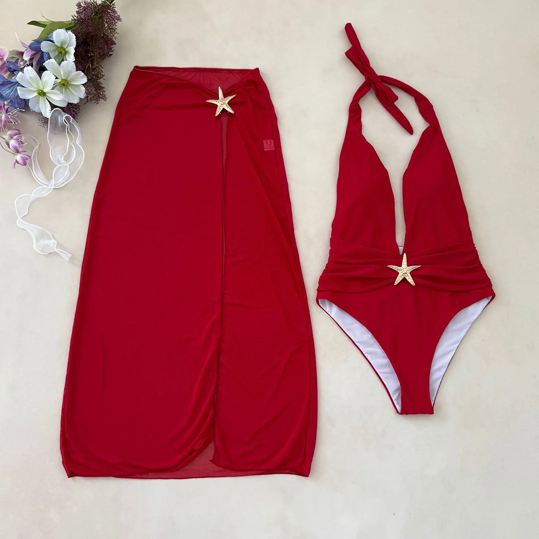 Sexy mit Rock, tiefem V-Ausschnitt, Metallstern, Damen-Badeanzug, einteiliger Badeanzug, rückenfreier Monokini, Badebekleidung, Badeanzug, Modell V6816. – Detail 13