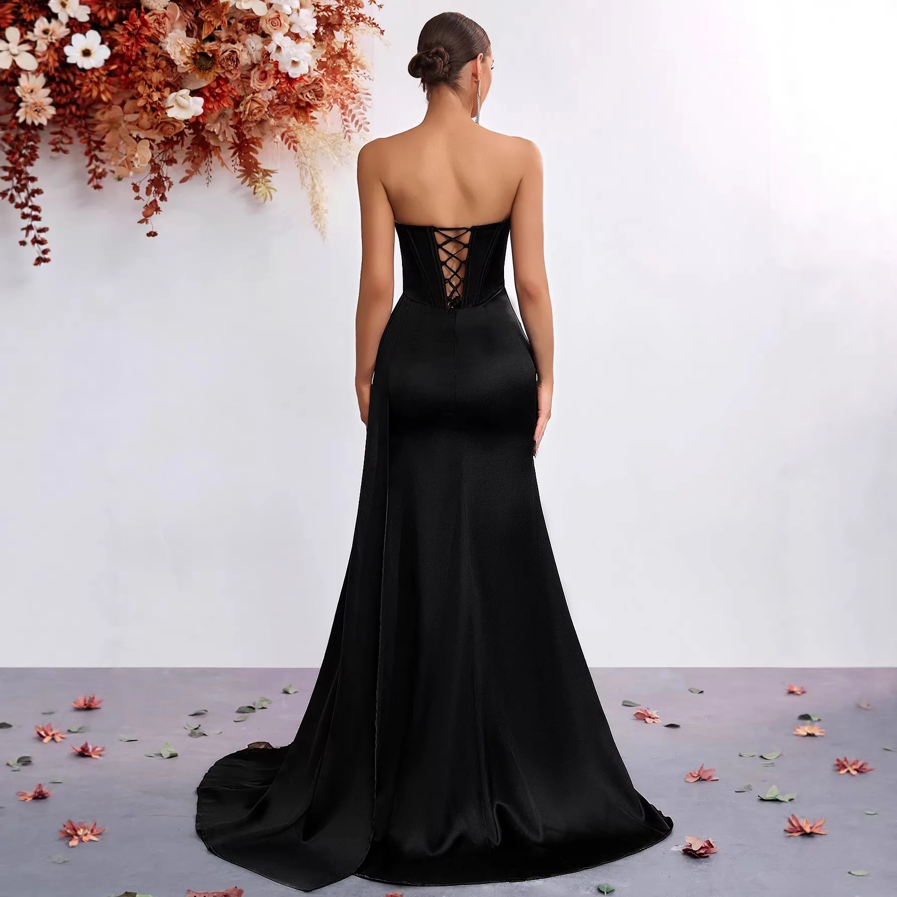 Couture Customized Black Satin Formal Evening Dress Strapless Crystal Beaded Corset Bodice High Split Mermaid Long Prom Gown