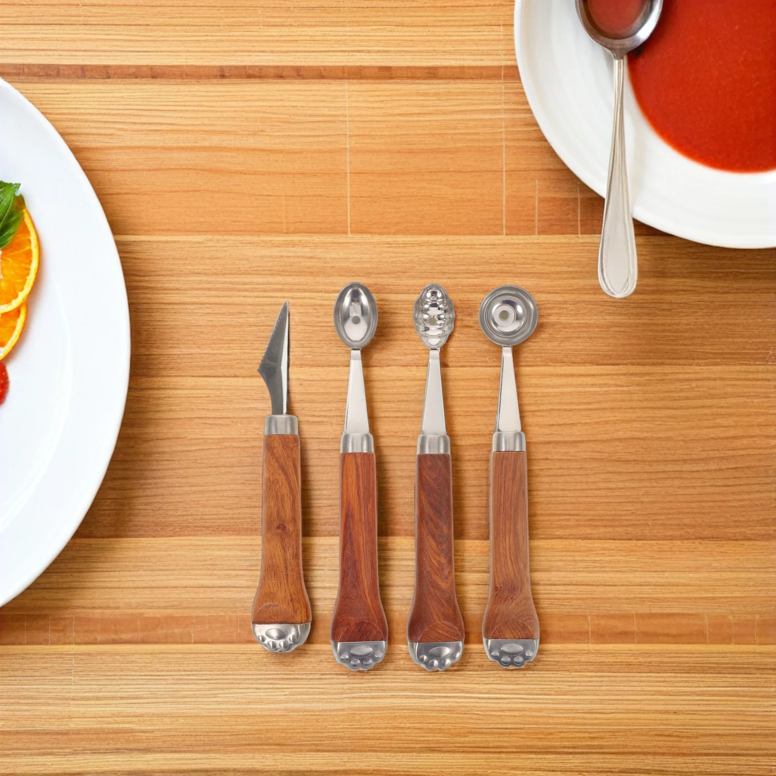 

4Pcs Fruit Baller Scoop Set Cat Paw Wooden Handle Melon Ball Maker Multipurpose Fruit Carving Cutter Watermelon Scooper Dessert