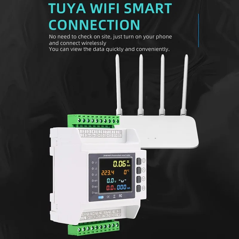Three Phase Tuya WiFi Smart Bi-Directional Energy Meter with 3 CT Clamps Leakage Over Under Voltage Protector Relay Switch Limit