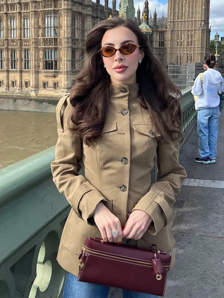 

HH Women's Elegant Long Sleeves High Neck Pockets Single Breasted Decorate Coats Autumn Woman Street Style Casual Slim Jacket