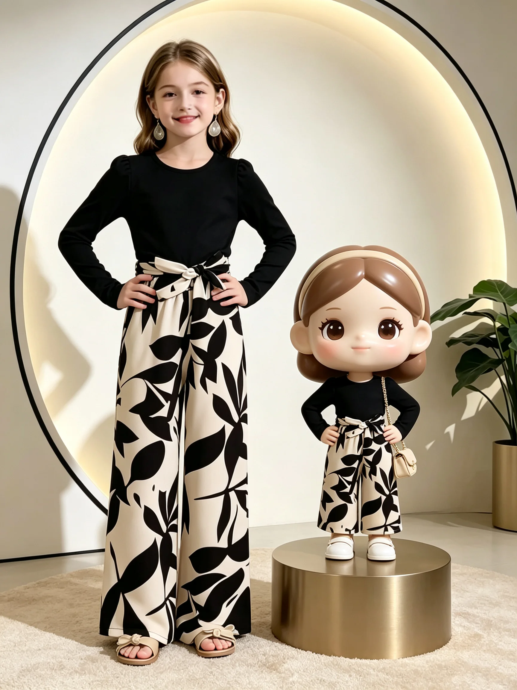 Gestreiftes Oberteil mit langen Ärmeln und Rundhalsausschnitt für Mädchen, mit elastischem Bund und weitem Bein, einfarbiges Outfit-Set für Kinder. – Detail 2