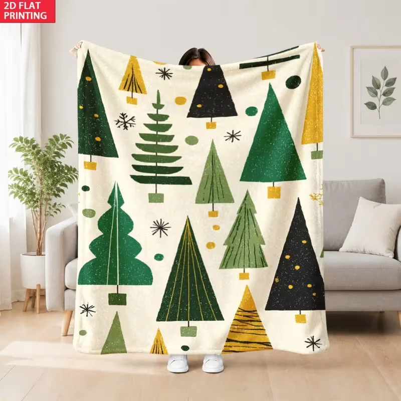 Neon Line Christmas Tree Flannel Throw Blanket Merry Christmas Text Snowflake Print Soft Cozy Blanket Holiday Sofa Bed Decor