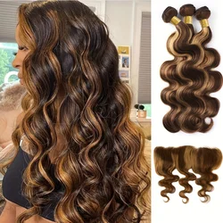 Miodowa blondynka 3 wiązki z doczepy typu Body Wave czołowym P4/27 wiązki włosów wiązki ludzkich włosów z koronką 13x4 Frontal