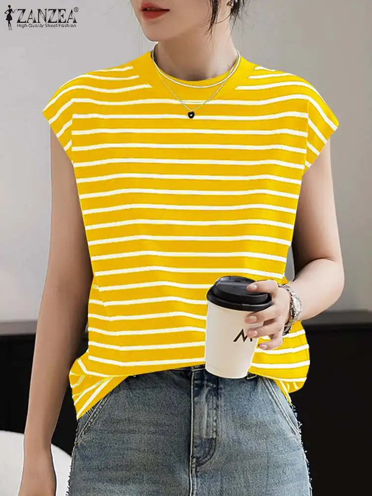 ZANZEA Summer Women Striped Blouse Elegant OL Work Shirt Fashion O Neck Short Sleeve Casual Tops Tunic Office Lady Blusas Mujer