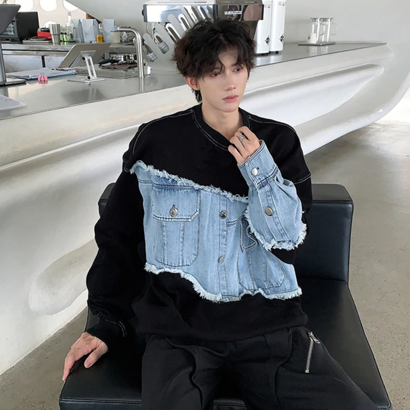 IEFB Denim Spliced Men\'s Sweatshirt Contrast Color Round Collar Pullover Top Long Sleeve Male Top Korean Style New Chic 9C7165