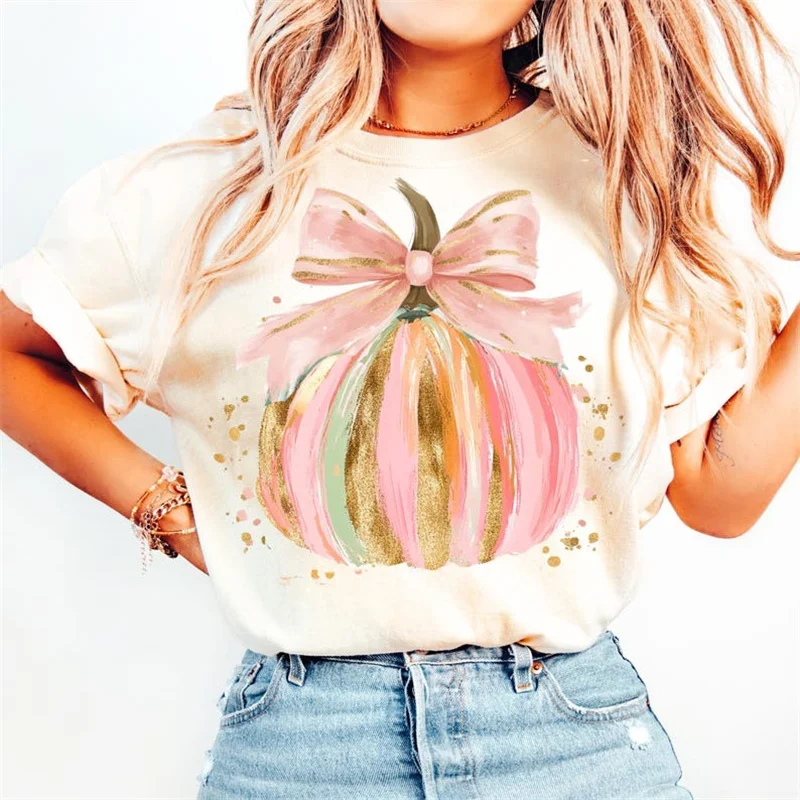 

T-Shirt Print Casual Kawaii Women's Fashion Watercolor Pumpkin Sweet Pattern O-Neck Women's Top Clothing Trendy Cute T-Shirt