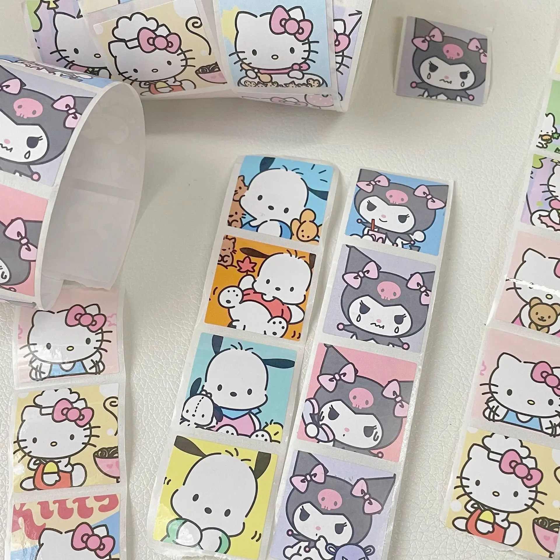 200Pcs/roll Sanrio Kuromi Hello Kitty Hand Account Stickers Cartoon Kawaii Anime Cinnamoroll Pochacco Sticker Kids Toys