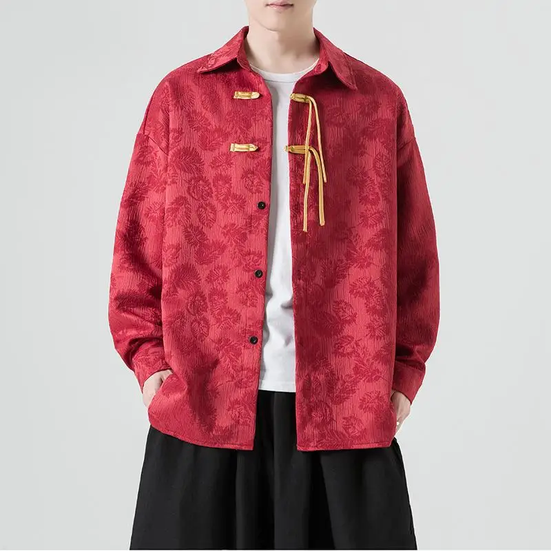 

New Chinese Style Men's Long Sleeve Shirt Jacket Premium Feel Spring Autumn Top Youth Popular Loose Fit Embroidered No Iron T...