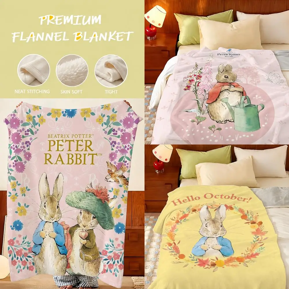 Anime Peter Rabbit Throw Plush Flannel Throw Blanket, Sofa Bed Travel Picnic Home Textile Decor
