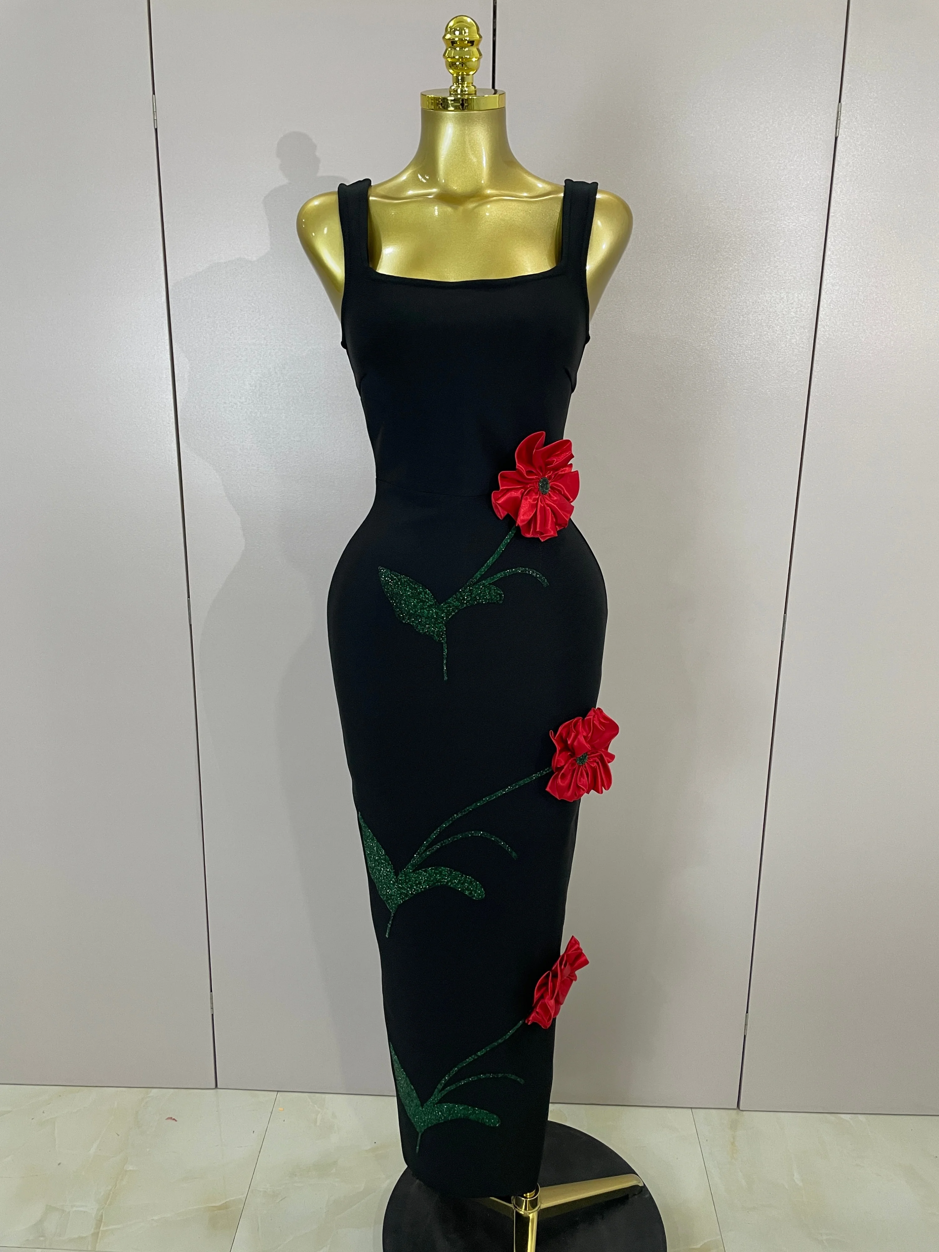 

Elegant Sparkly Diamonds Red Flower Sleeveless Bodycon Long Bandage Dress Women Celebrate Evening Party Birthday Gown Vestido