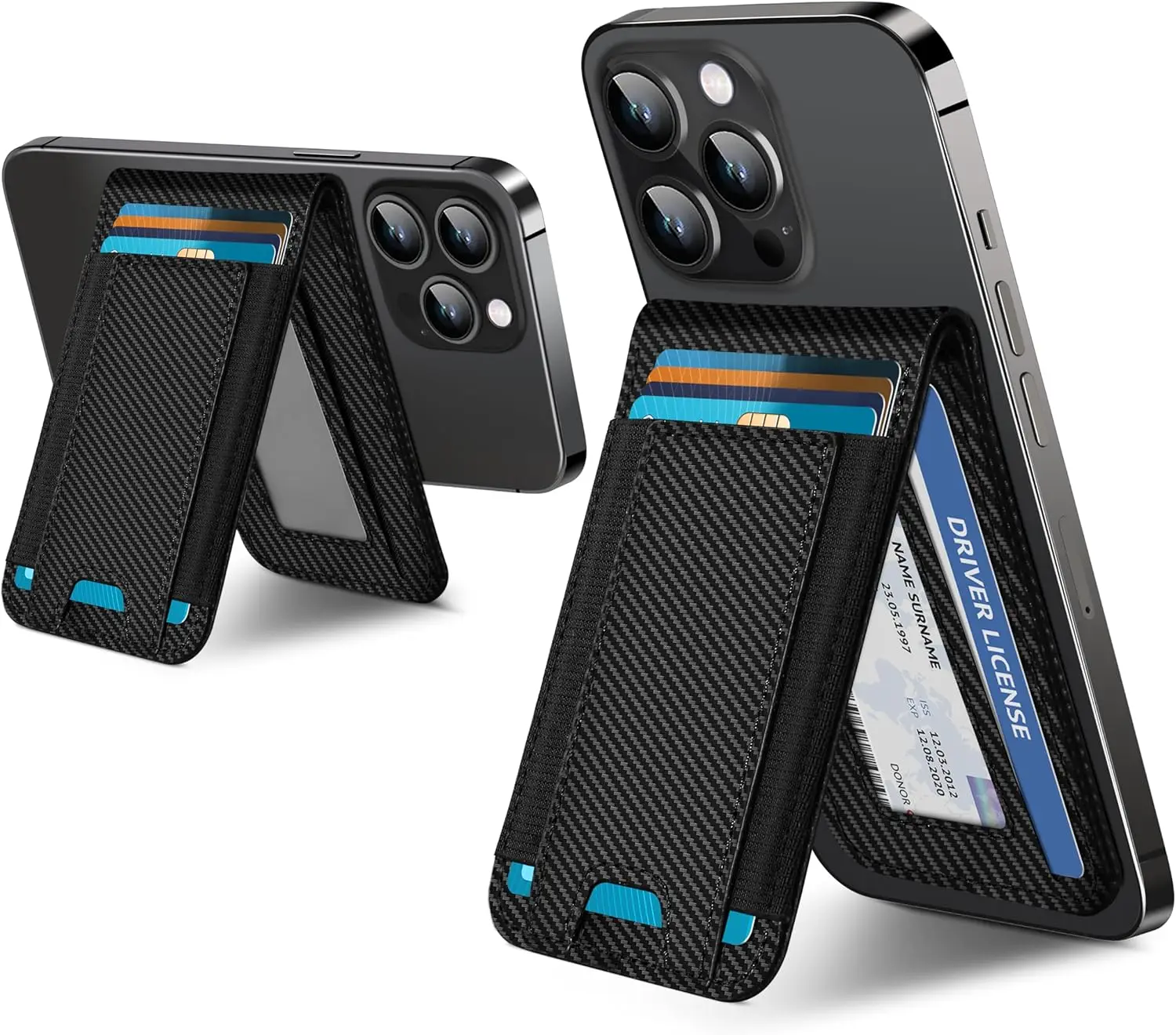 

2-in-1 wallet, adjustable stand and open ID window, 9 cards, black carbon fiber