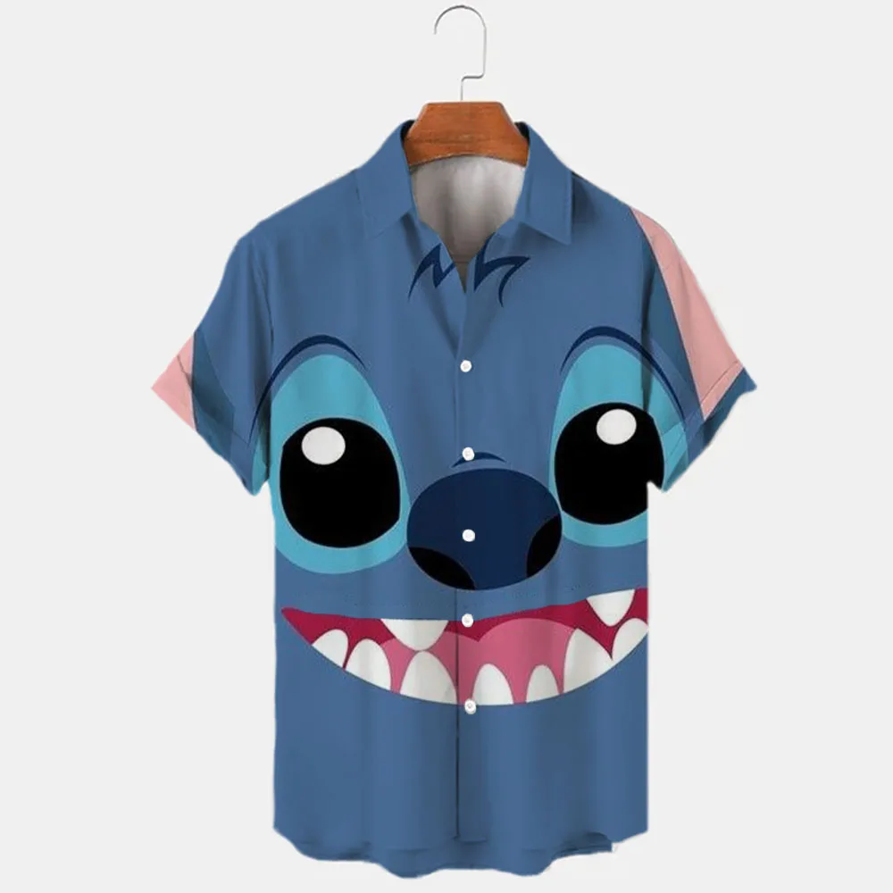 Disney-Stitch and tureBrand Cartoon Casual 3D Printed Short Sleeve Revers Shirt, Slim Fit Men's Top, Summer, Nouveau, 2024