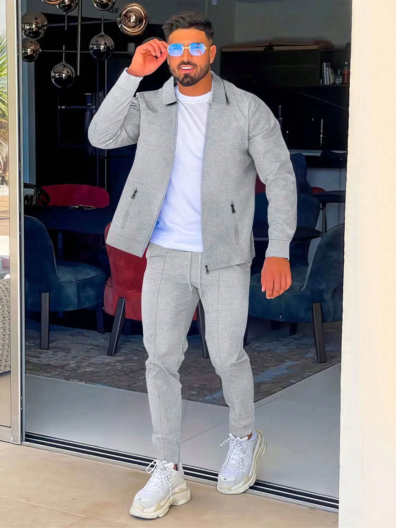 

Men's Light Gray Textured Collared Zip - Up Jacket and Matching Jogger Pants Casual Set with Sporty Sneaker Style