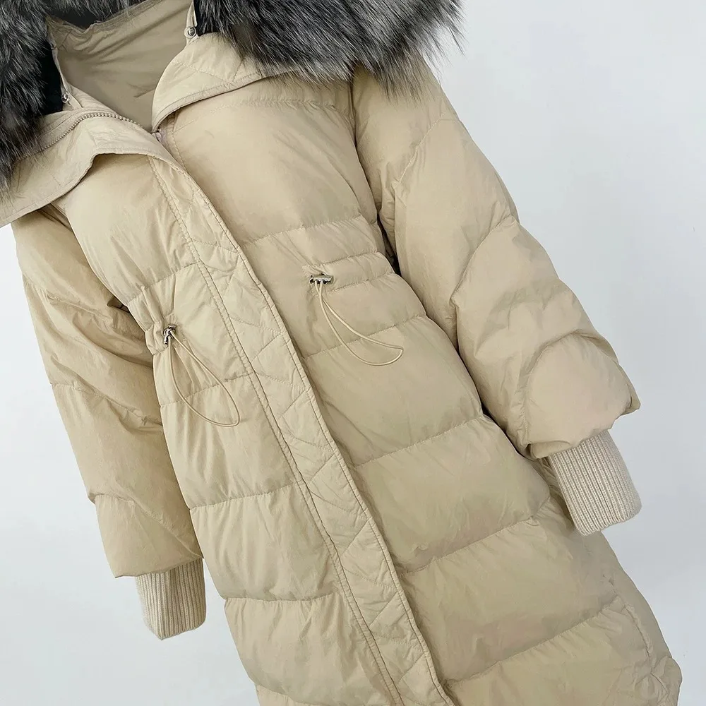 2024 Women\'s Fall/Winter Mid-length Down Jacket Removable True Natural Fox Fur Collar Warm Waist White Duck Down Jacket