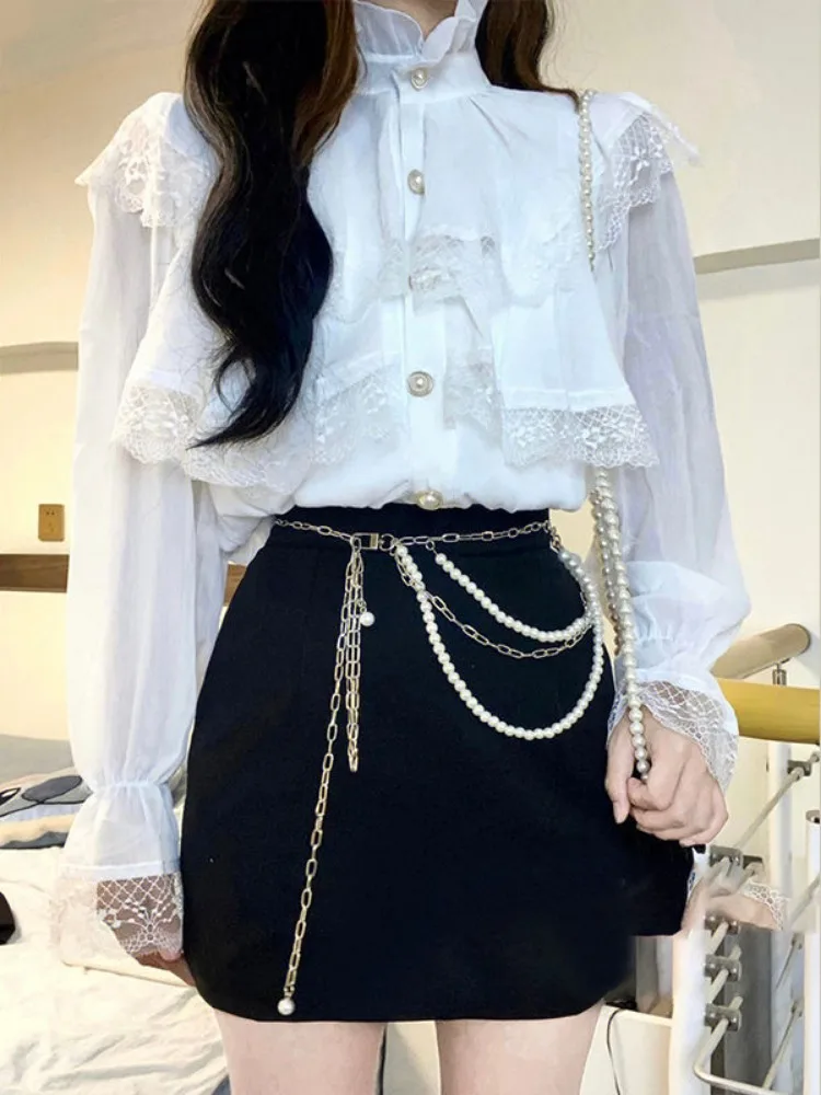 Temperament Ladies Tops Flare Sleeve White Lace Embroidery Blouse for Women 2024 Blusas Mujer De Moda Stand Neck Ruffles Shirt