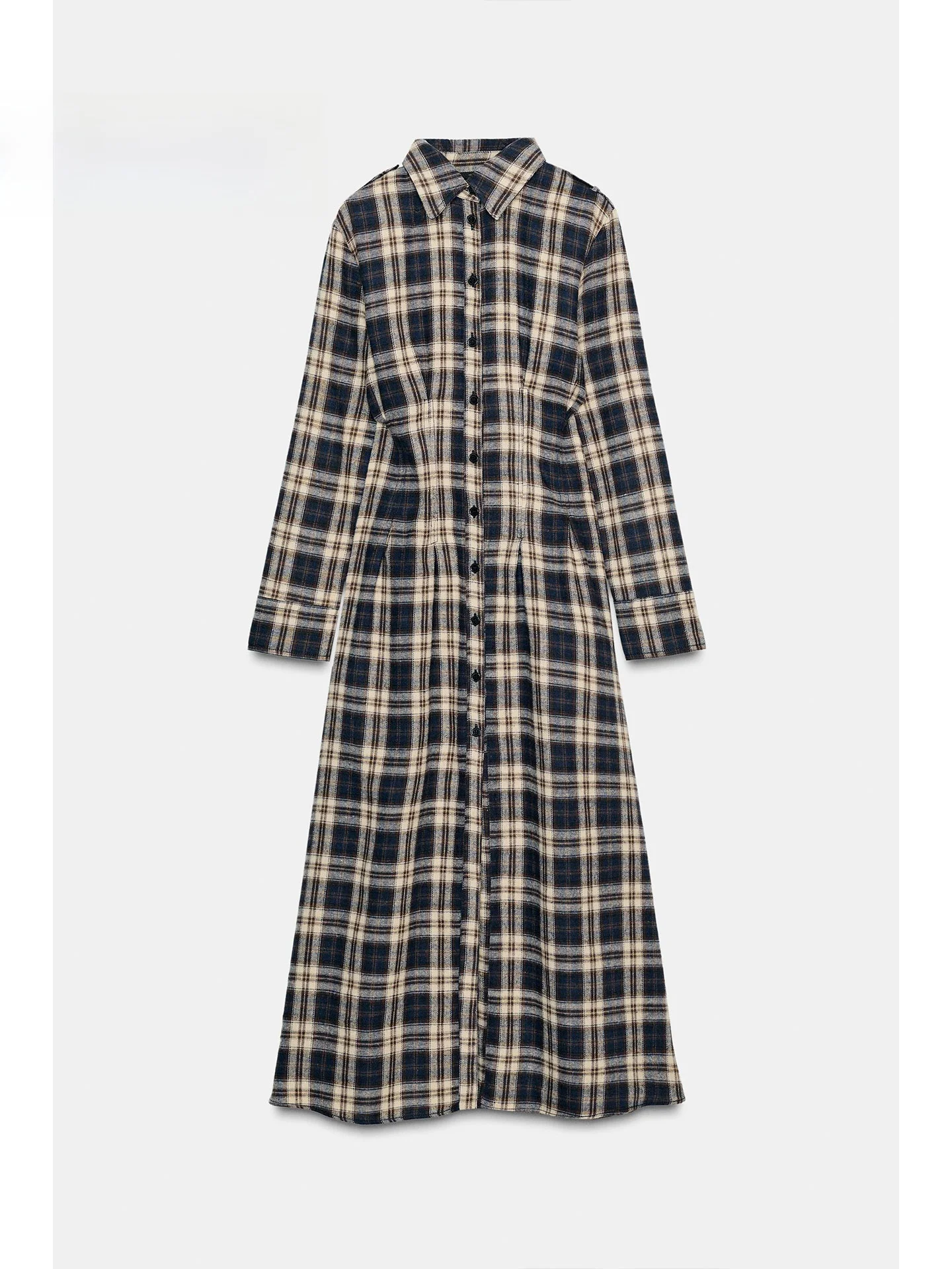 Zimowa sukienka midi z długim rękawem, plisowana, w kratę, z podkreśloną talią, elegancka, długa, codzienna, z wysokim stanem, zapinana na jeden guzik.