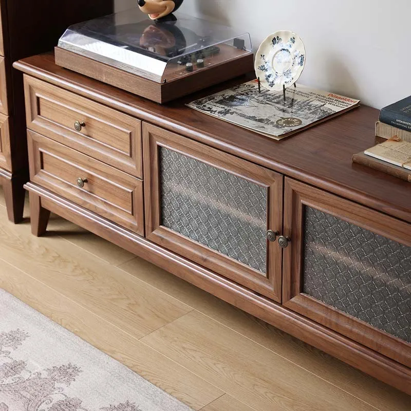 Solid wood TV cabinet North American black walnut hall cabinet Log retro storage locker Floor cabinet French living room 4