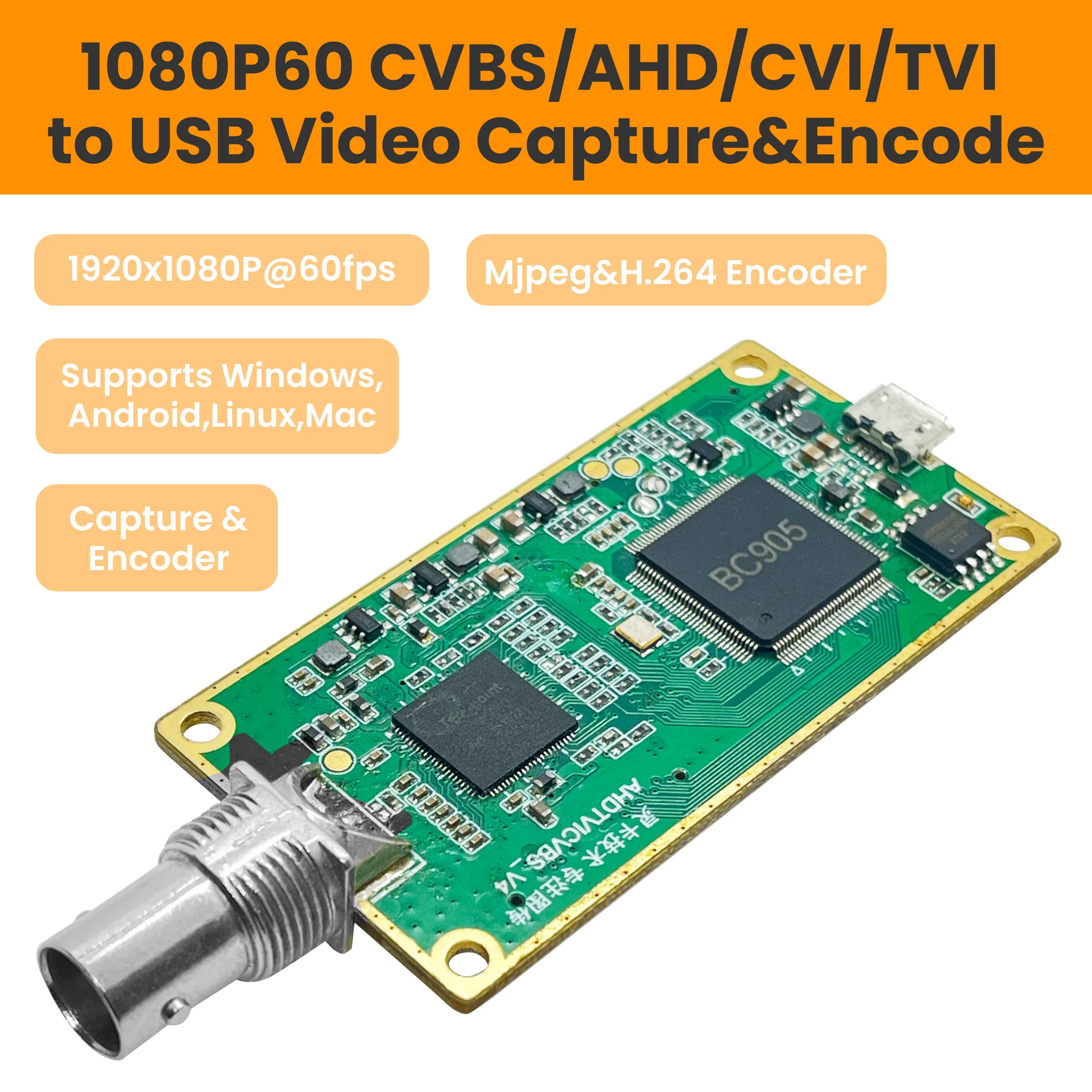 Lcc261 1080p60 Cvbs к USB-карту захвата Кодировщик H.264, cvbs/ahd/cvi/tvi к Uvc/usb, cvbs2uvc, h264 и mjpeg Двухпоточный энкодер,bnc