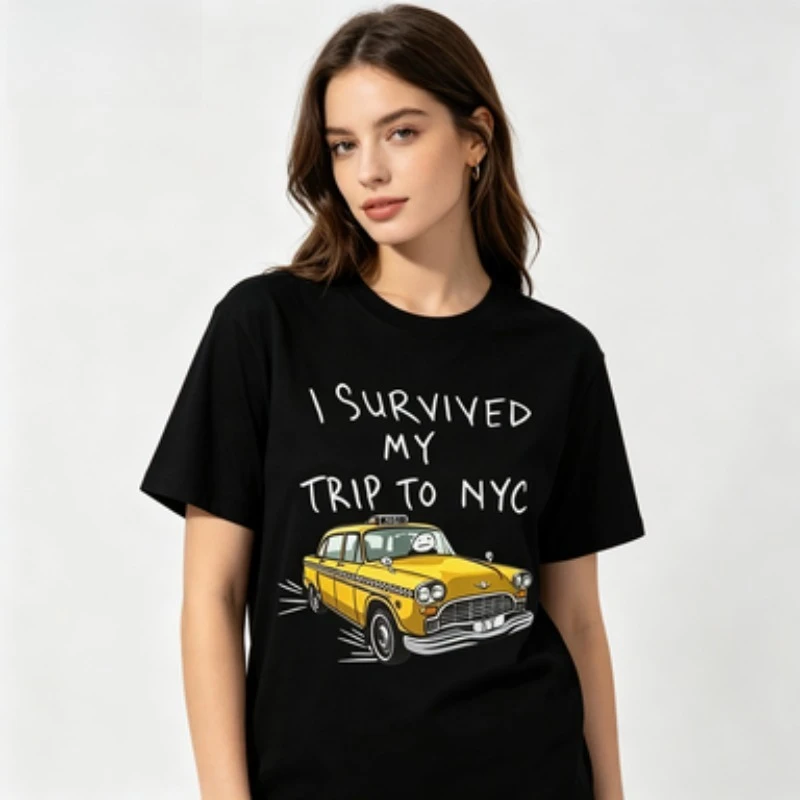 I Survived My Trip to NYC T-Shirt, Funny Yellow Taxi New York Travel Graphic Tee, Casual White Black Top for Men Women