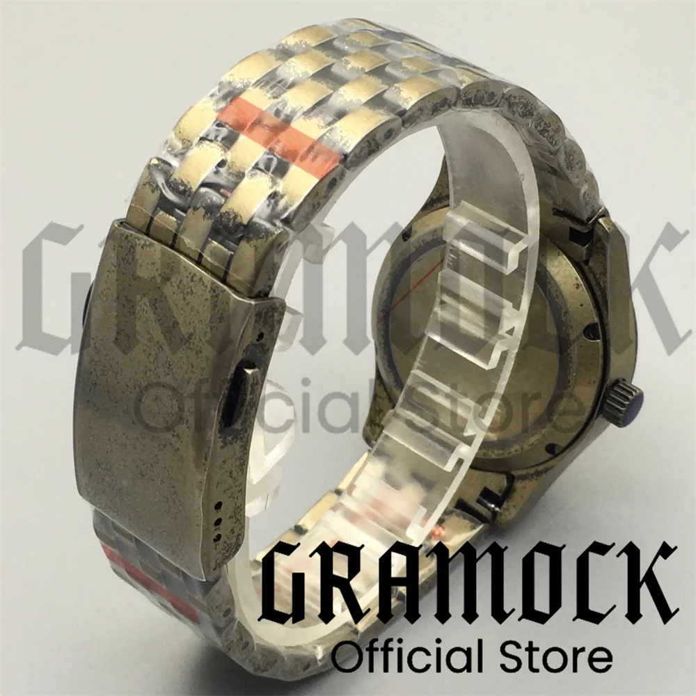 Gramock 36mm/39mm Full Brushed Bronze Pilot Watch Case Bracelet Micro Dome Sapphire Glass Fit NH34/35/36 ETA2824 PT5000 Movement