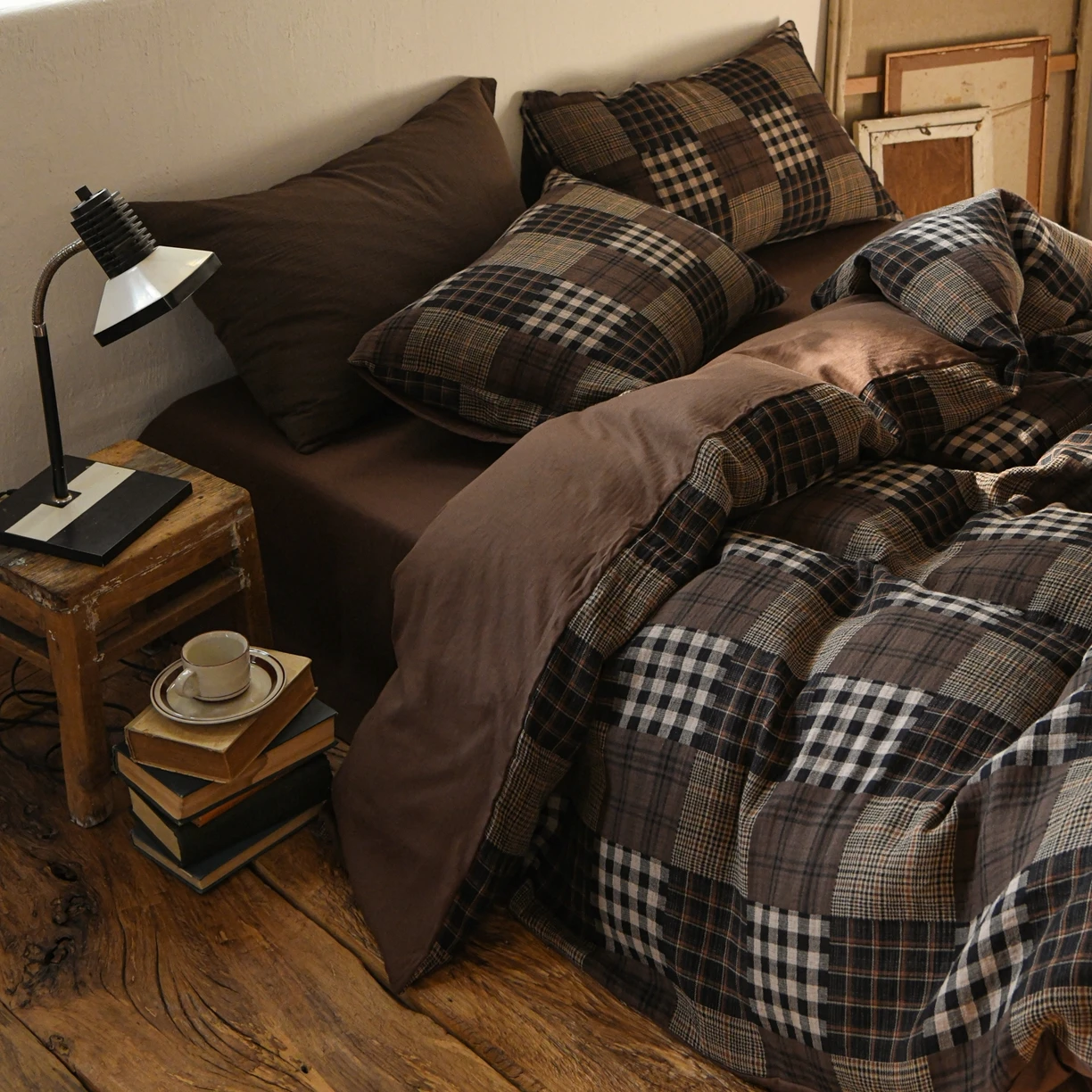 

Vintage style cotton yarn gauze four-piece set plaid cotton four-piece kit