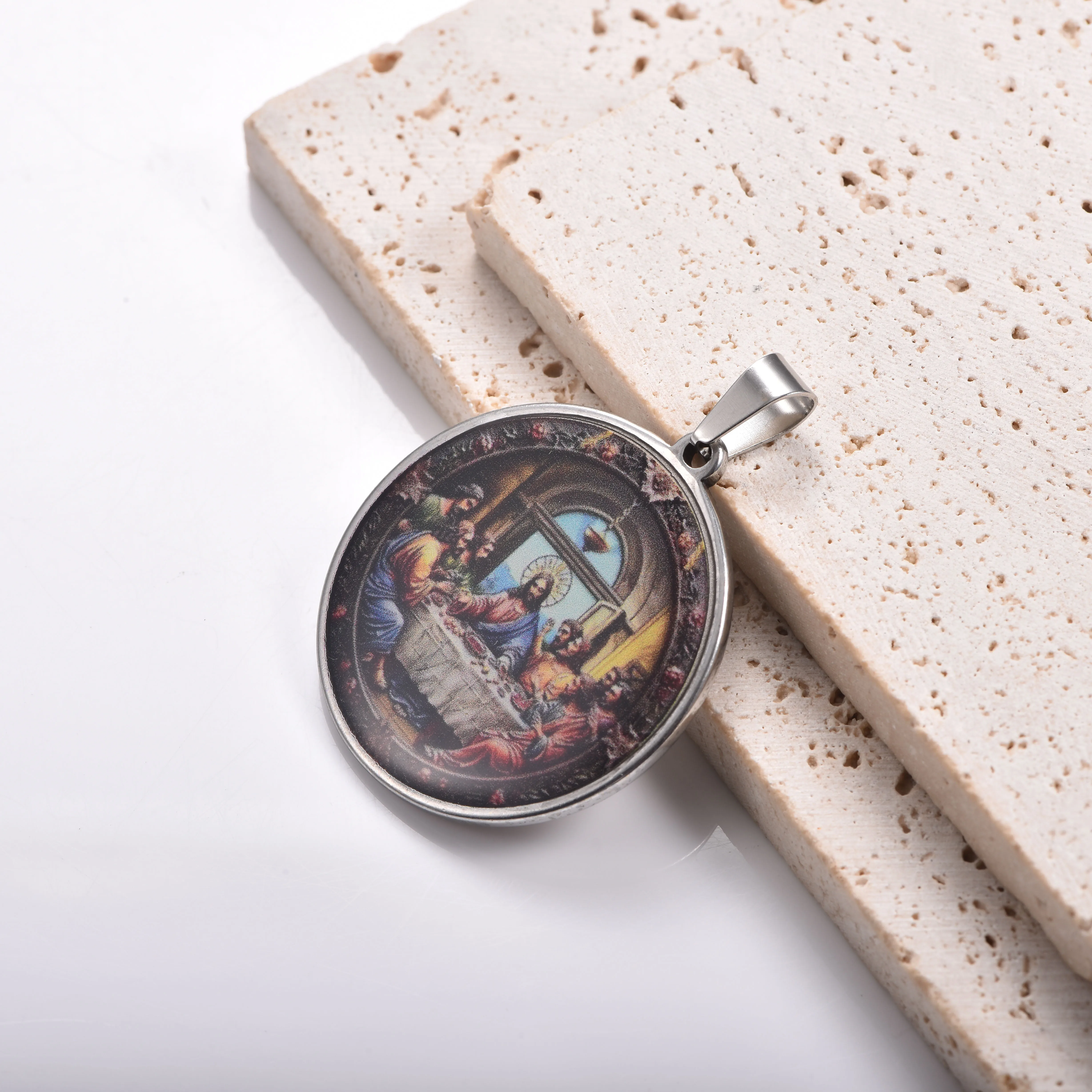 Christlicher religiöser runder Cabochon-Anhänger, Edelstahl-Charm-Halskette, Zubehör, handgefertigte Schmuckherstellungsmaterialien – Detail 1