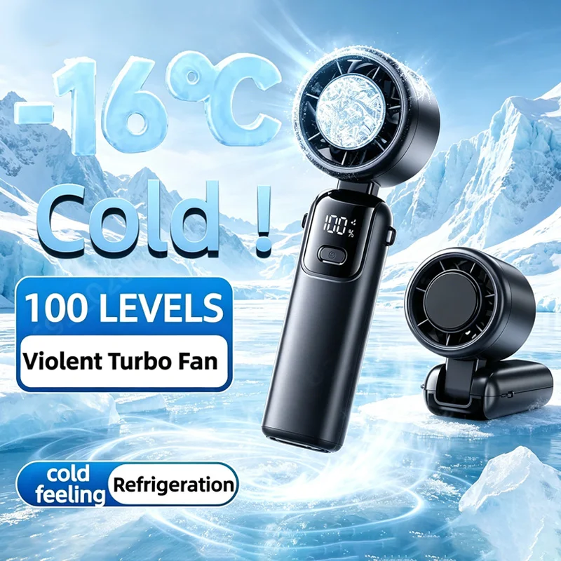 Handheld Fan Digital Display Portable Fan 100-Speed Powerful Wind Hanging neck Foldable 90° Adjustable Refrigeration Folding New