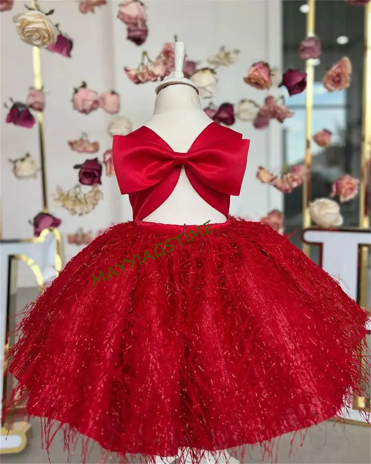 Vestidos de niña de flores rojas con lazo lindo, vestidos de niña de flores rojas, vestidos de niña hinchados, vestido de niña pequeña de princesa brillante D