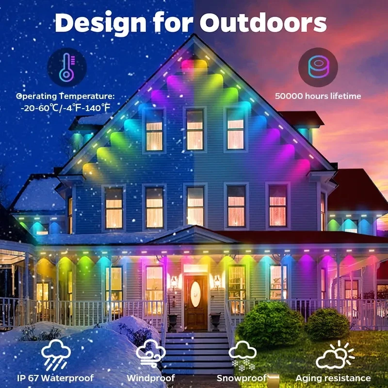 Outdoor Eaves Luzes LED, Waterproof RGB String Lights, DIY Iluminação Cena, Feriado de Natal e Festa de Aniversário Iluminação, 20m, App