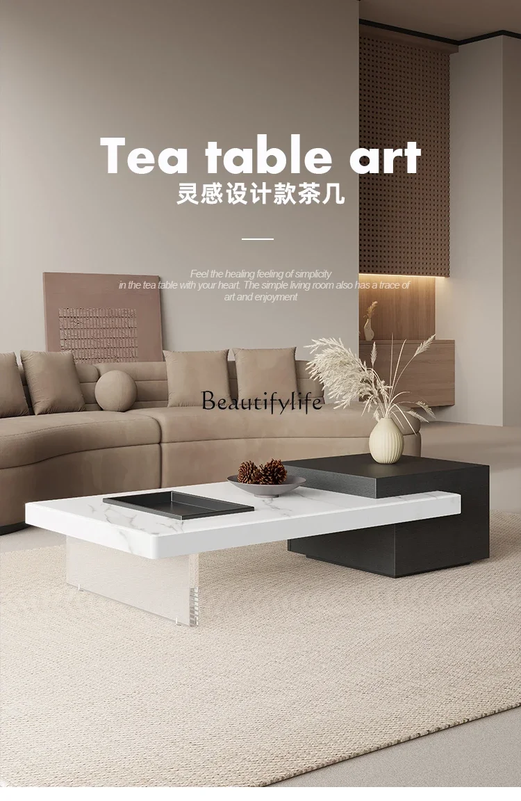 

yj21 Wabi-Sabi Style Square Coffee Table Modern Minimalist Living Room Ultra-Crystal Stone High-End Extendable Floating Tea Tabl
