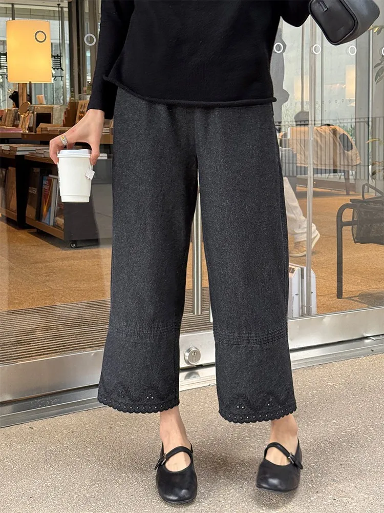 

Широкие брюки из чистого хлопка для женщин, летние, тонкие, прямые, с кружевной отделкой, повседневные, для работы и отдыха