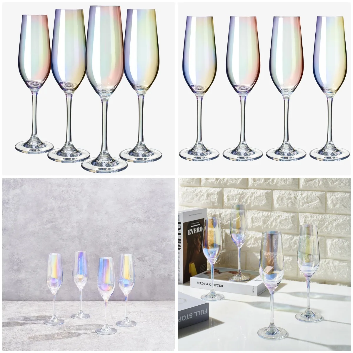 

Iridescent Crystal Glasses Set of 4 - Rainbow Stemware, Durable Pearl Champagne Flutes
