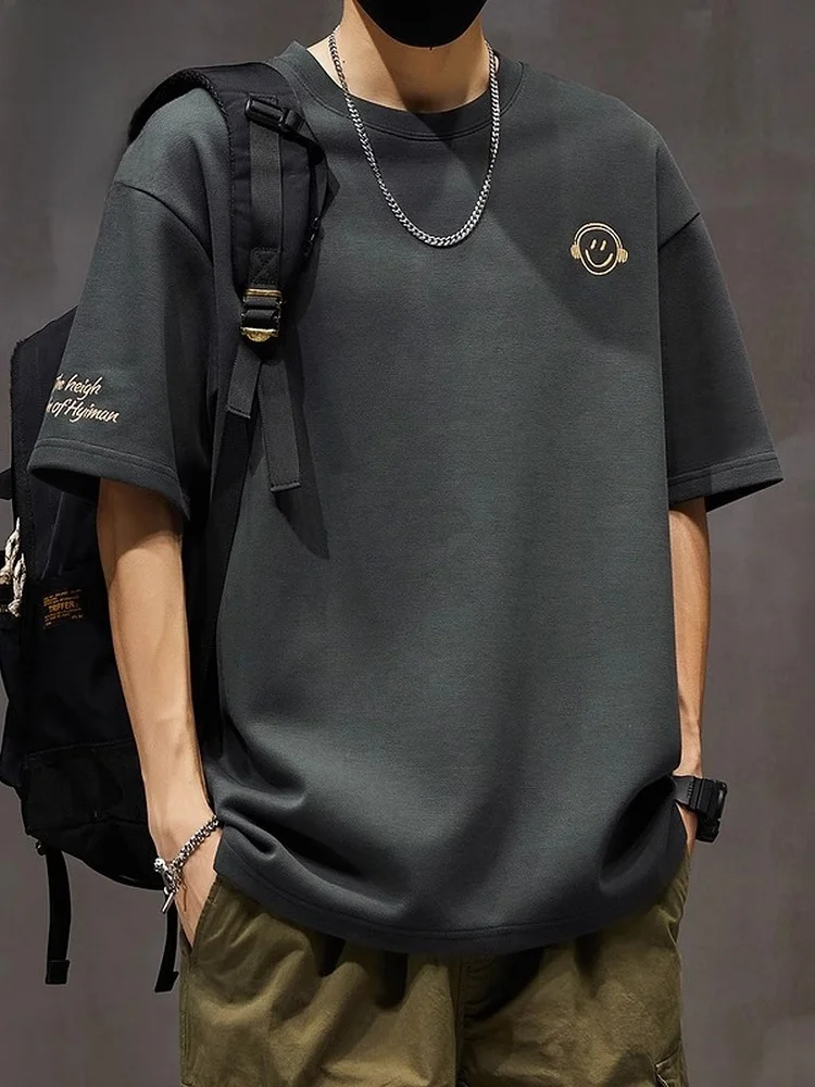 

Мужская футболка с коротким рукавом, вышивкой, из чистого хлопка, свободного кроя, летняя, плотная, модная, брендовая, с круглым вырезом