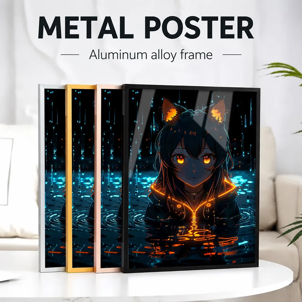 Neon Glow Anime Girl Metal Poster With Aluminum Alloy Frame Personalized Photo Modern Manga Style Wall Art For Studio Fan Gift