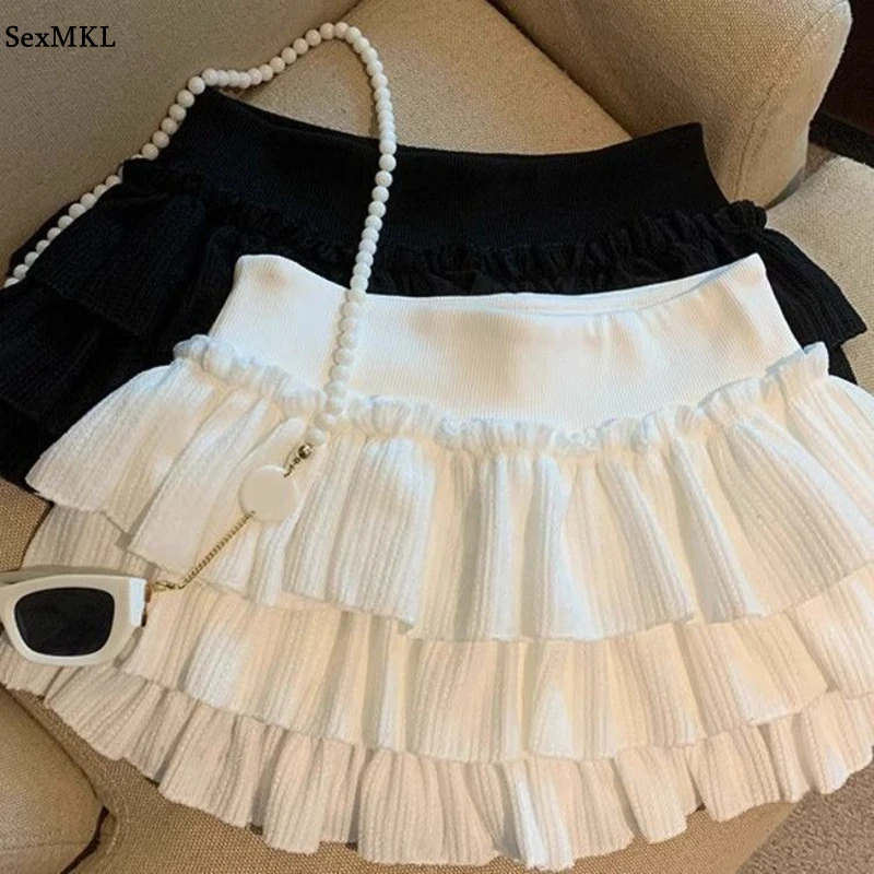 

Sweet White Ball Gown Mini Skirt A Line Casual Korean Fashion Ruffles Faldas Harajuku Black Elastic Waist Cute Kawaii Skirt Y2k