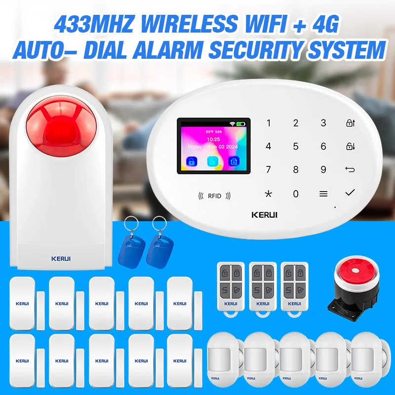 KERUI 4G 투야 스마트 알람 시스템 W204 가정용 보안 WiFi GSM 무선 홈 알람 키트 (사이렌, 동작 감지 센서, 화재 감지기 포함)